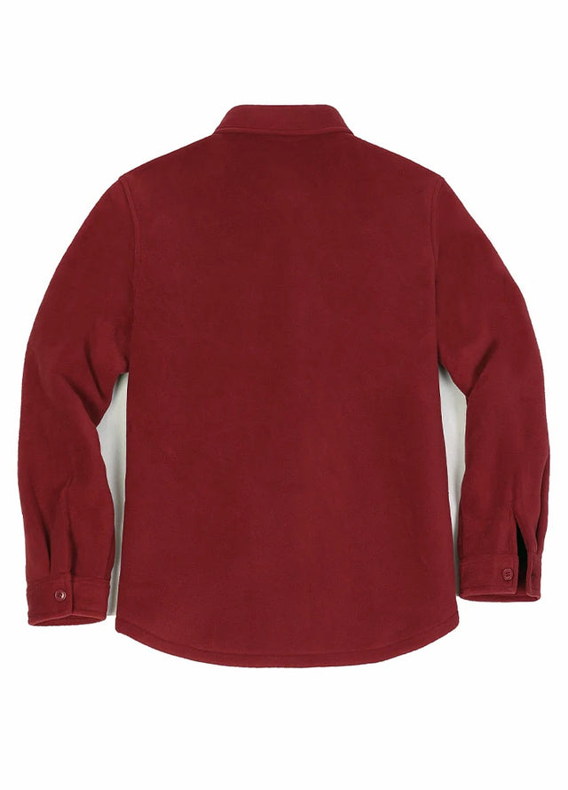 Back view of a wine red men's warm sherpa lined fleece shacket
