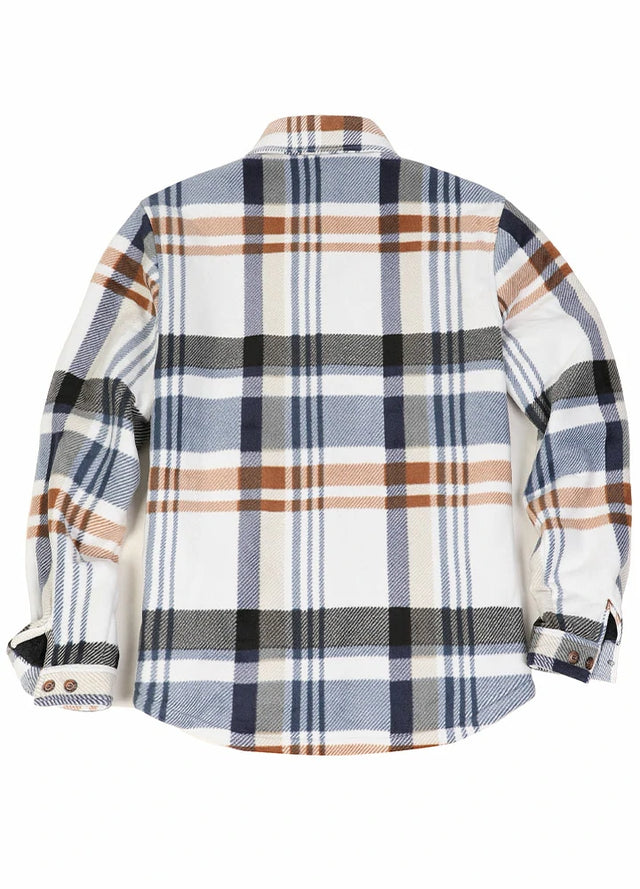 Back view of white and blue fleece lined shacket for men