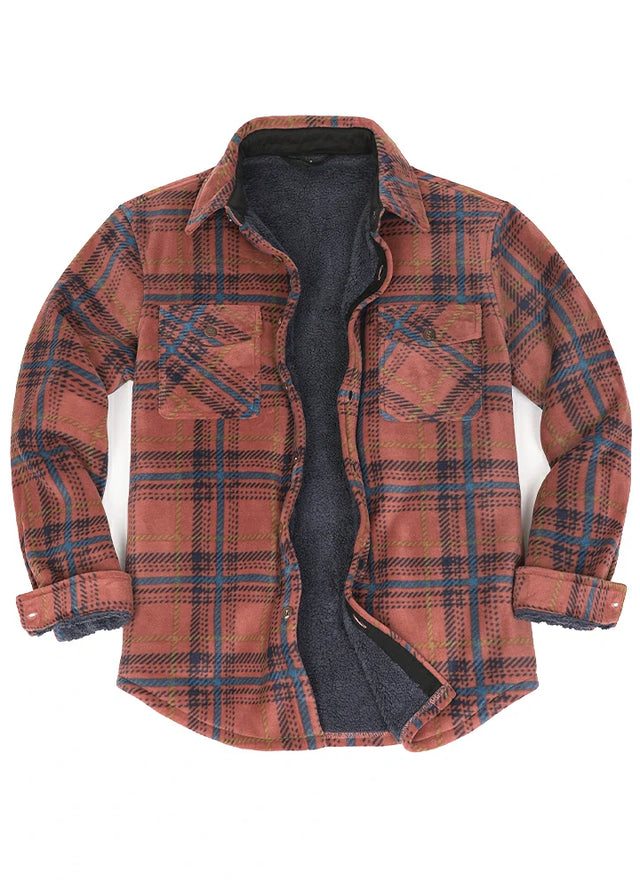 Front view of a red and blue men's sherpa lined shirt jacket