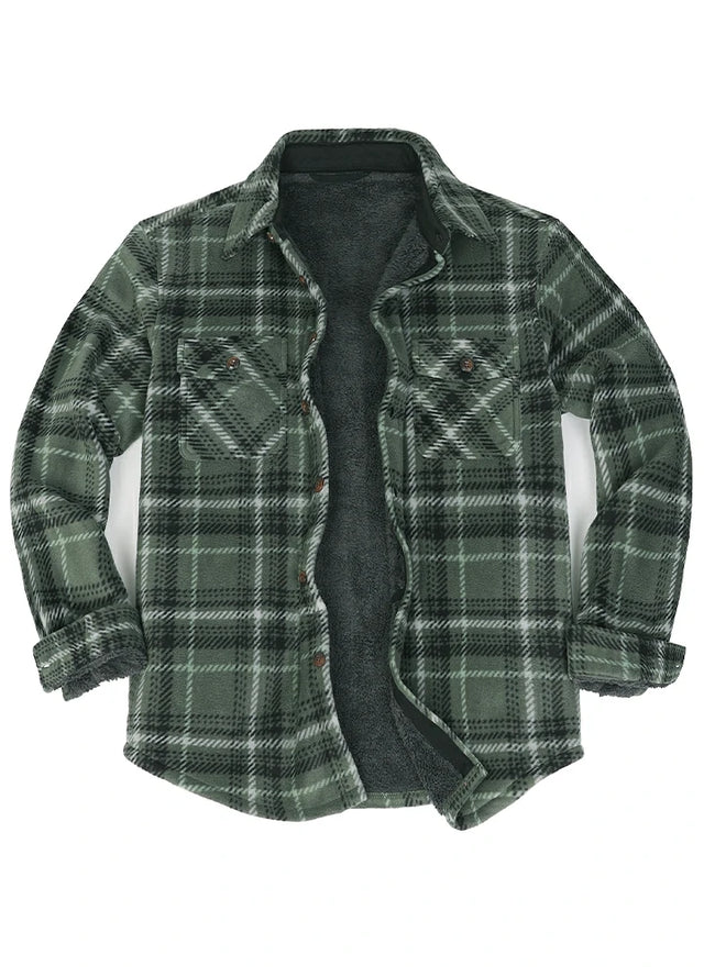 Front view of a green gray men's warm plaid shirt jacket