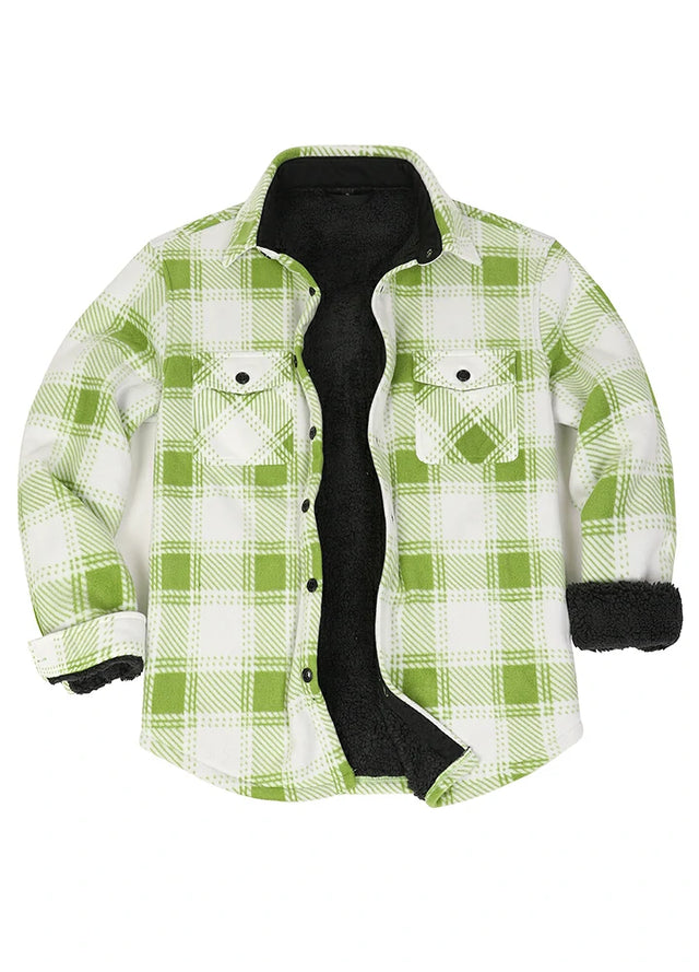 Front view of a green white men's warm plaid shirt jacket