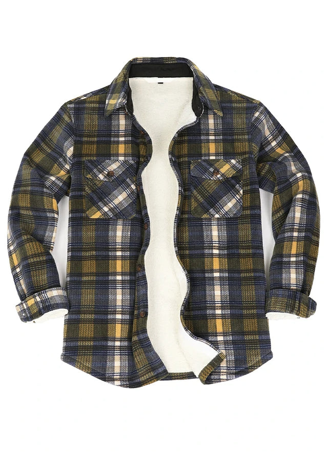 Front view of a navy yellow classic plaid jacket for men