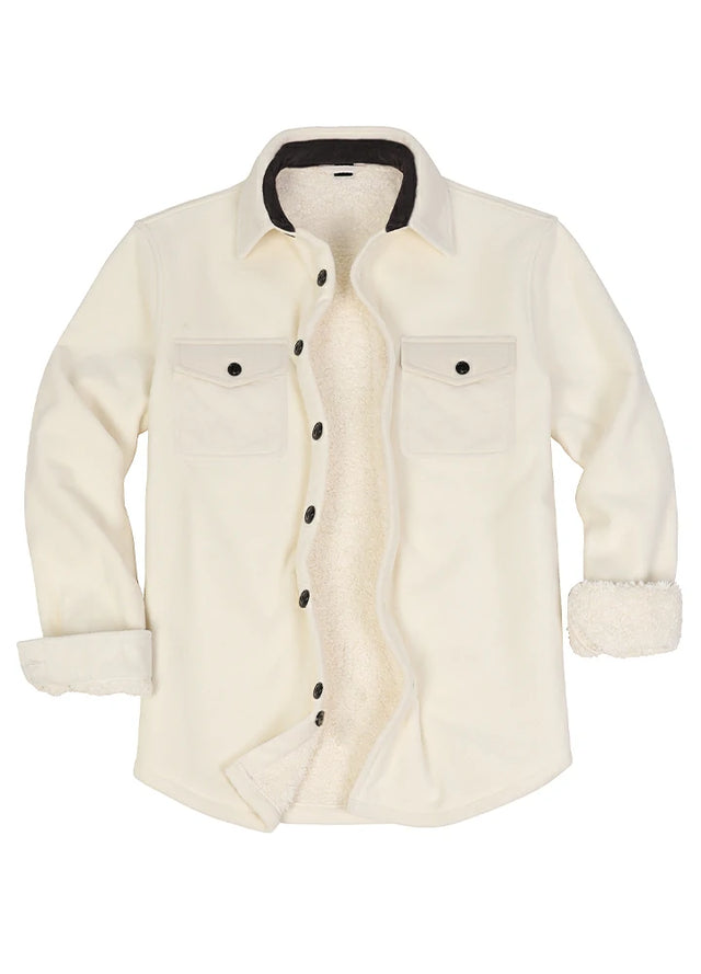 Front view of a solid white men's warm button up fleece shirt jacket