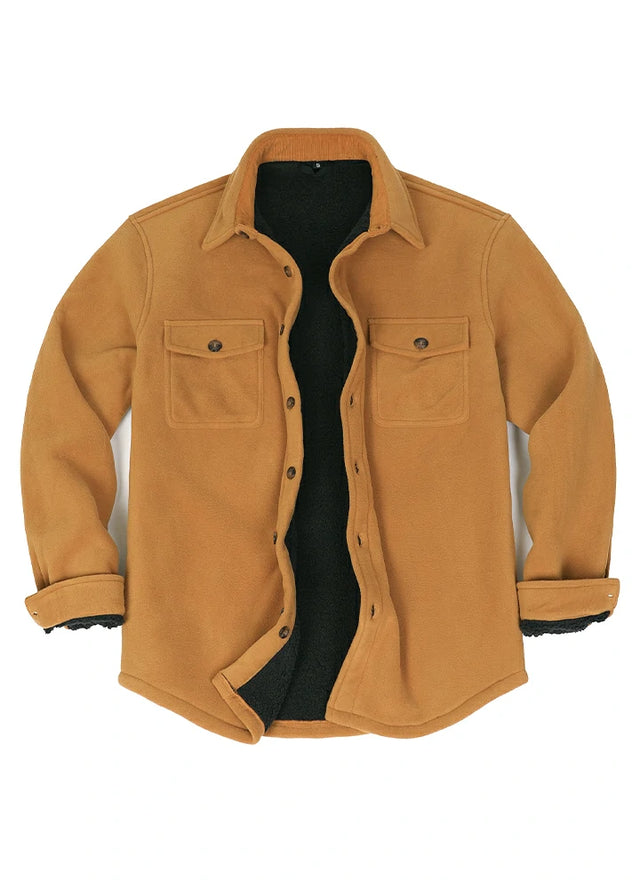Front view of a men's yellow fleece lined plaid shirt jacket