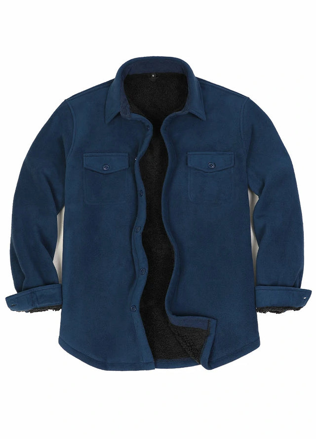 Front view of a dark blue men's outdoor sherpa lined fleece shirt jacket