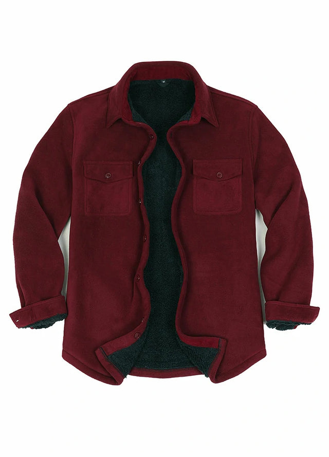 Front view of dark red men's button up sherpa lined jacket
