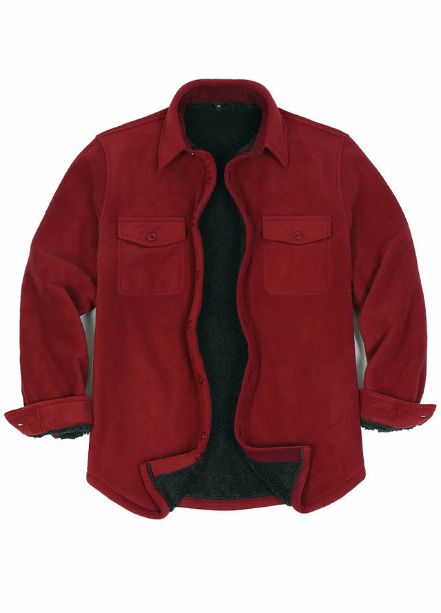 Front view of a wine red men's warm sherpa lined fleece shacket