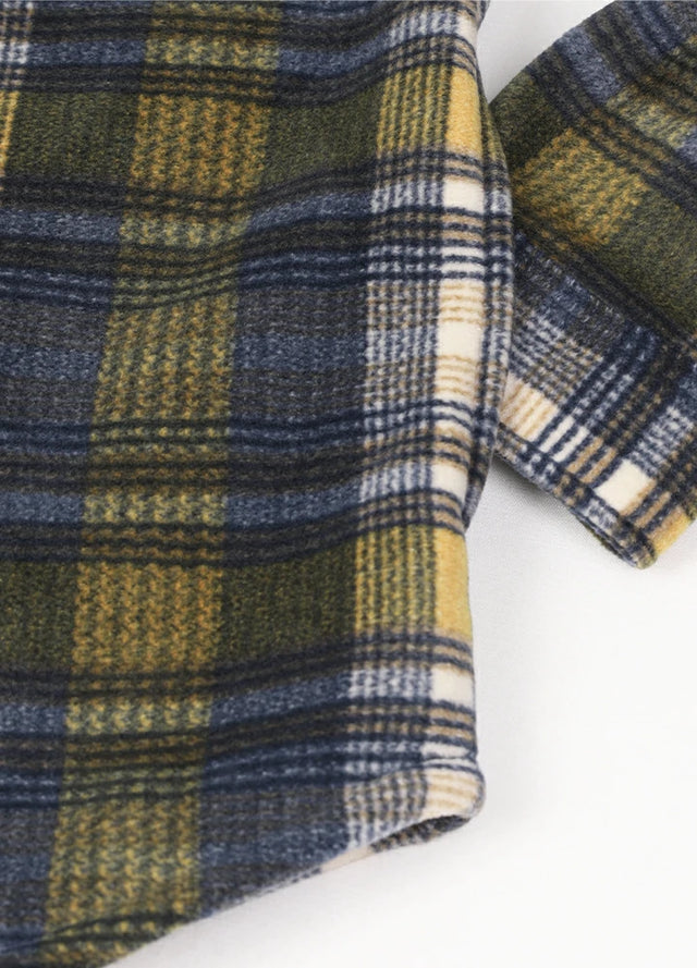 Detailed view of the seam pocket of a navy yellow classic plaid shirt jacket for men