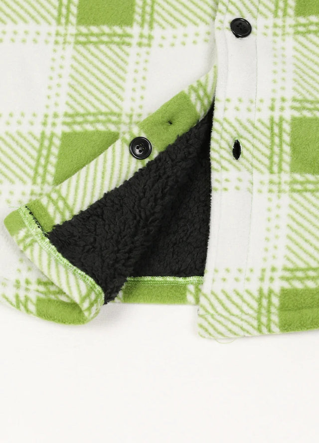Close-up of the hem of a green white durable men's plaid shirt jacket