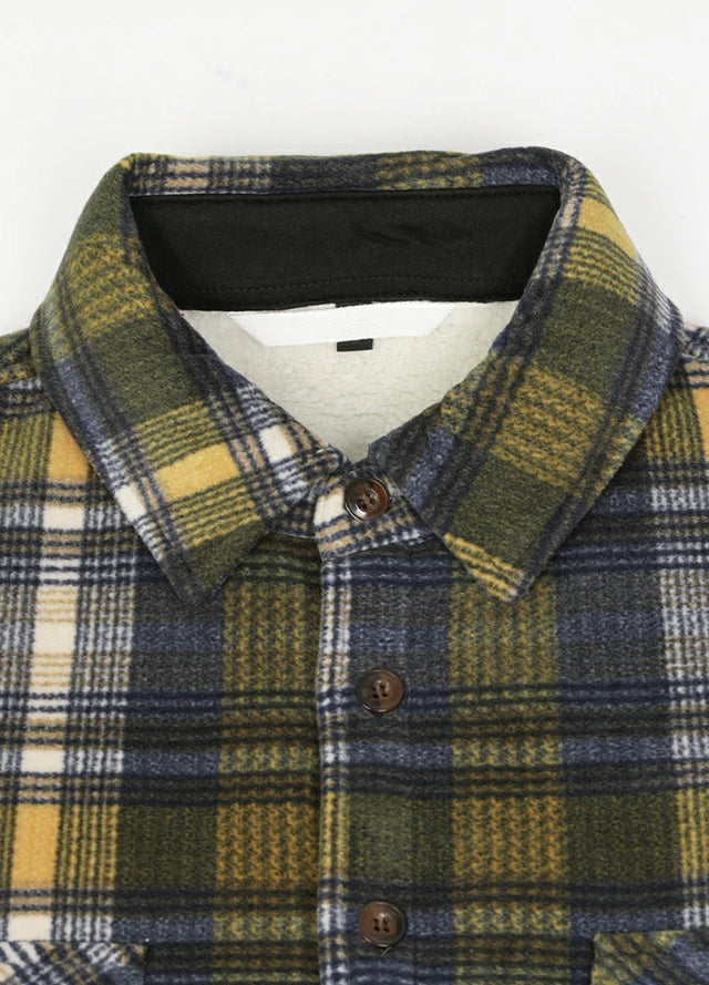 Close-up of the lapel of a navy yellow classic plaid jacket for men