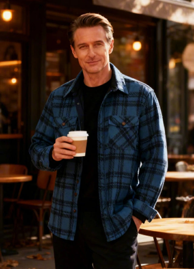 Men's Sherpa Fleece Lined Shacket,Button Down Plaid