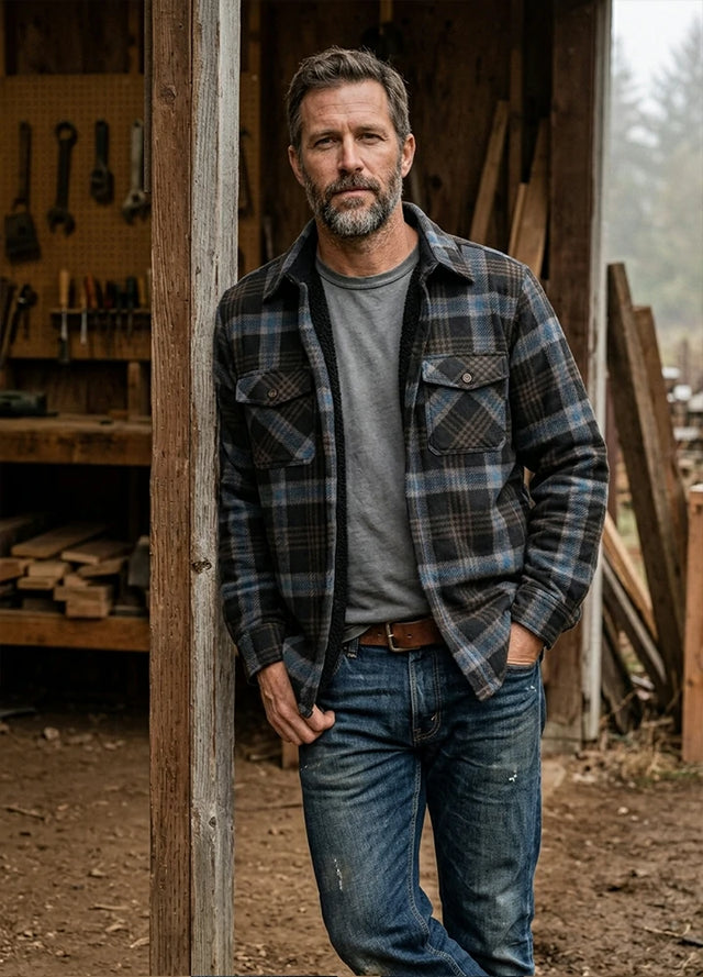 Lifestyle view of a man wearing navy gray men's warm sherpa lined plaid shirt jacket-XR101ANG-S,XR101ANG-M,XR101ANG-L,XR101ANG-XL,XR101ANG-XXL,XR101ANG-3XL