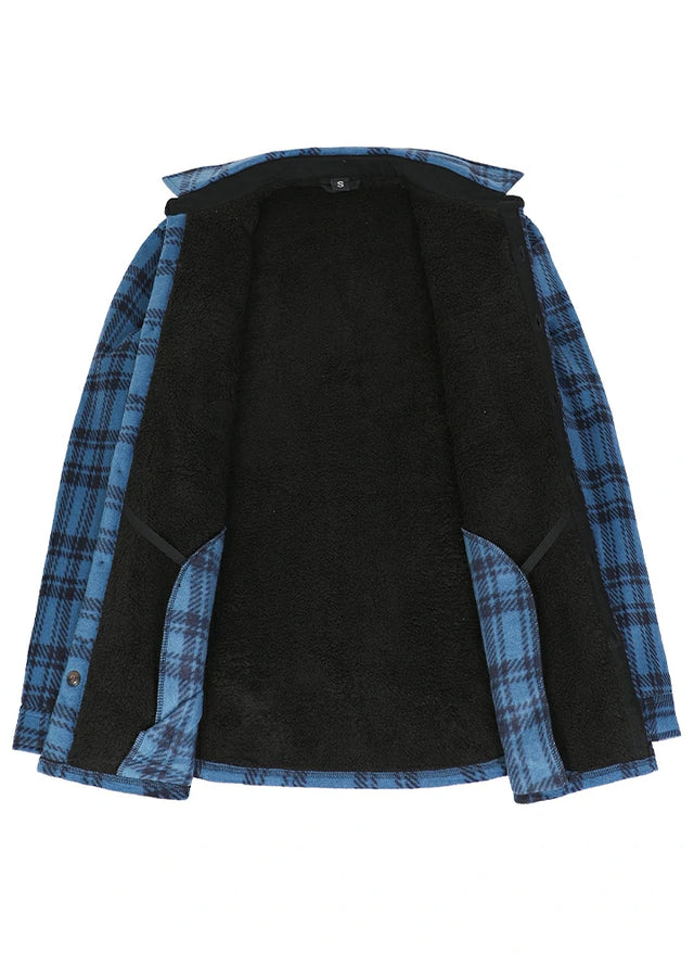 Front view of the lining of blue and gray men's fleece lined shacket