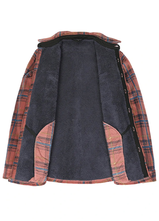 Front view of the lininig of red and blue cozy men's sherpa lined shirt jacket