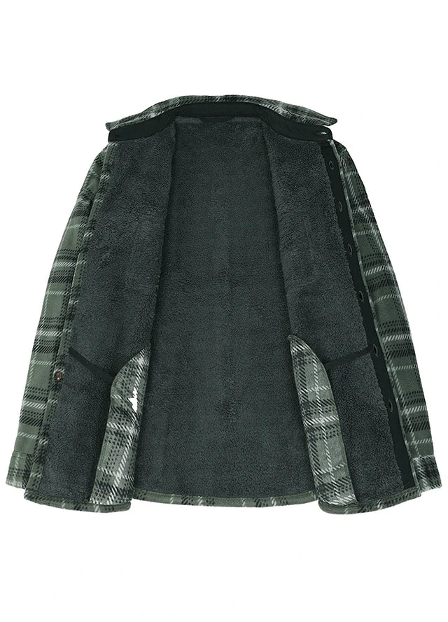 Front view of the lining of a green gray men's warm plaid shirt jacket