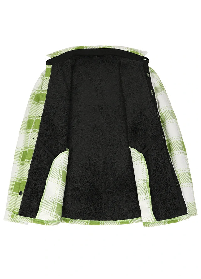 Front view of the lining of a green white men's warm plaid shirt jacket