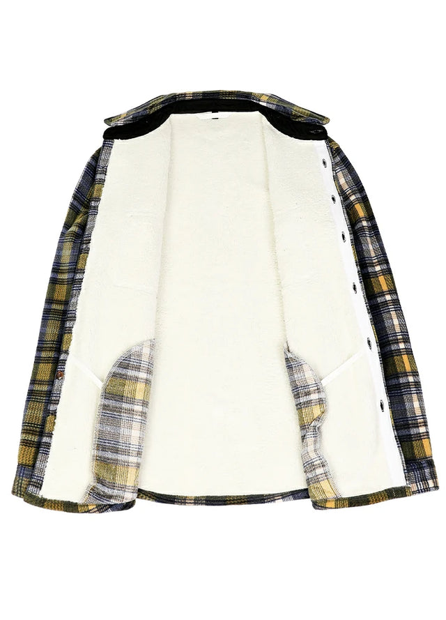 Front view of the lining of navy yellow classic plaid jacket for men