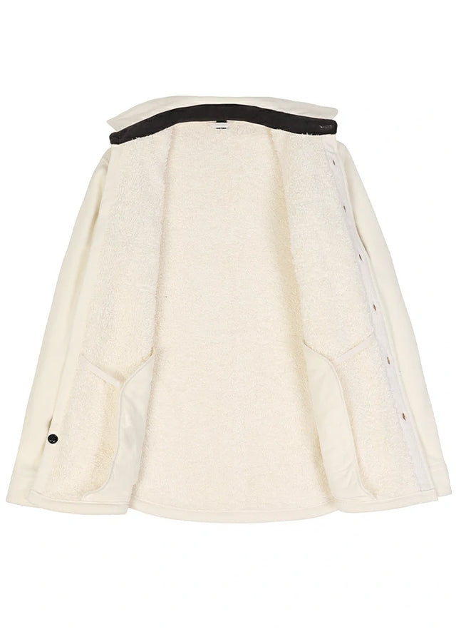 Front view of the lining of the solid white men's warm button up fleece shirt jacket