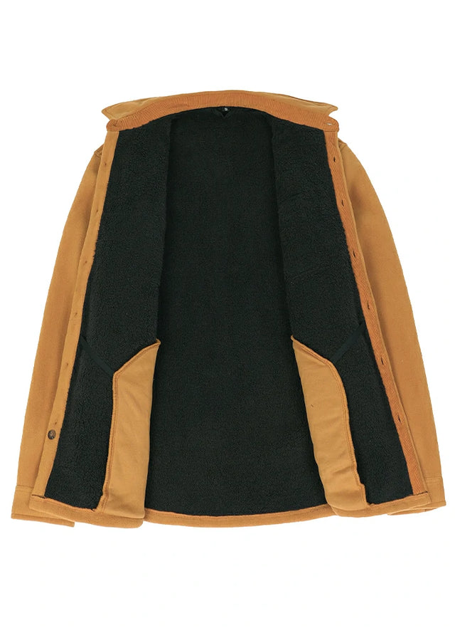 Front view of the lininig of the yellow fleece lined plaid shirt jacket for men