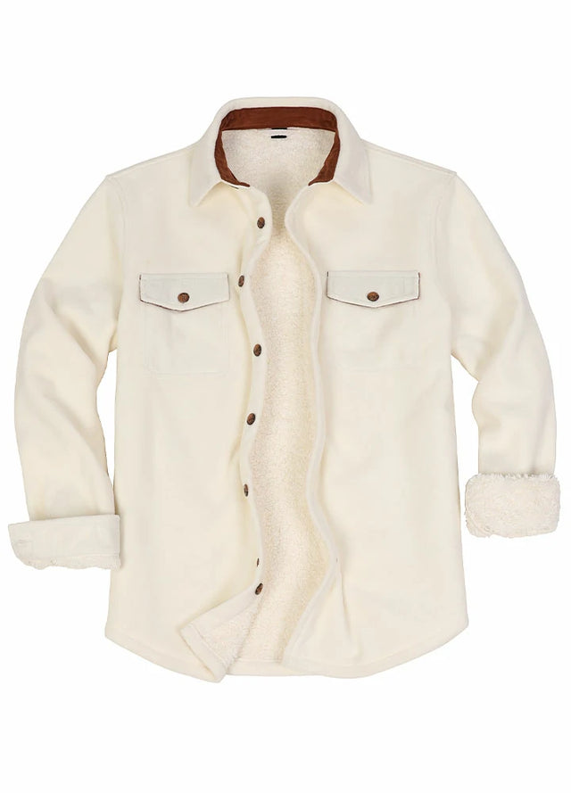 Front view of a men's white fleece lined shacket