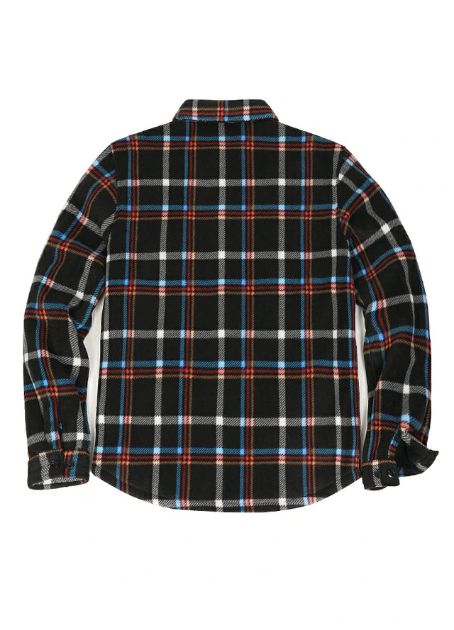 Back view of a black and red men's durable plaid shacket