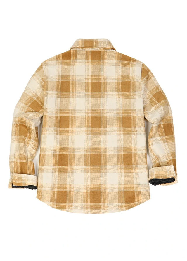 Back view of yellow khaki men's button down plaid shirt jacket