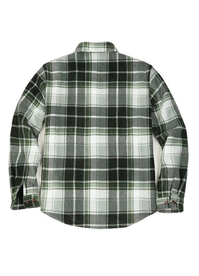 Back view of a green gray men's button down plaid shirt jacket