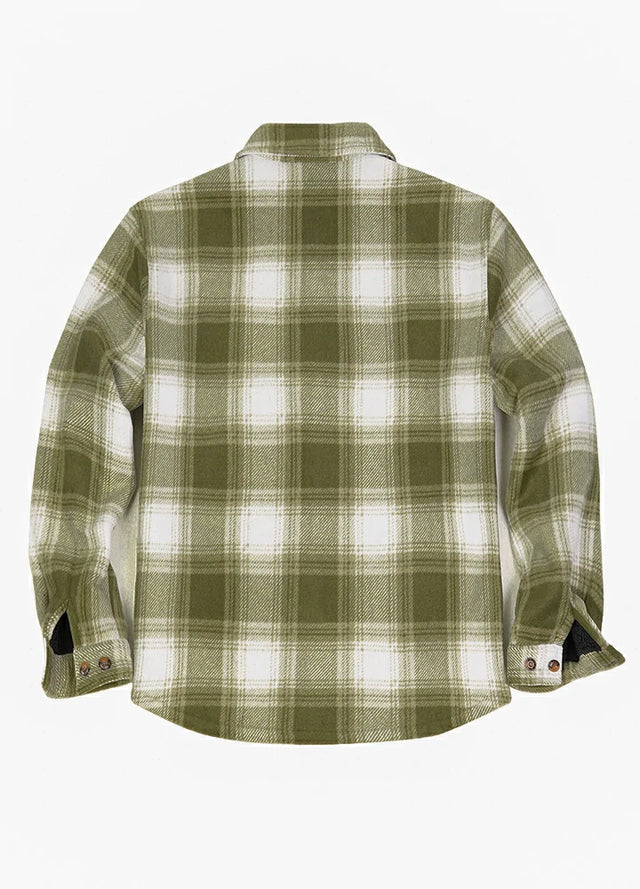 Back view of light green white men's button down plaid shirt jacket