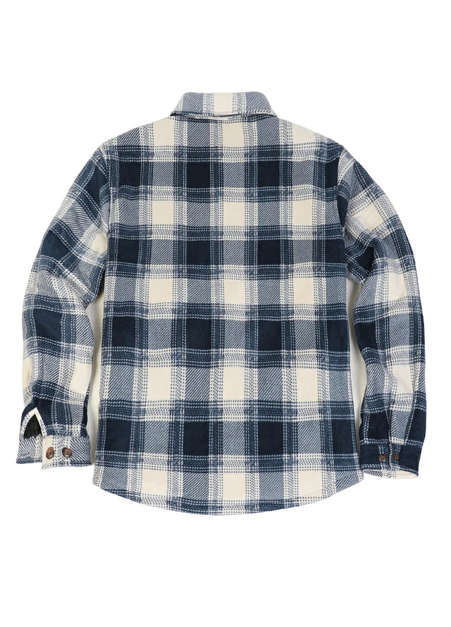 Back view of ocean blue white men's cozy plaid sherpa lined shirt jacket