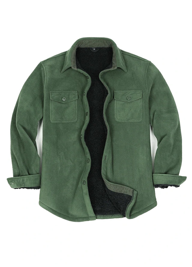 Front view of lark green men's warm sherpa lined fleece shirt jacket