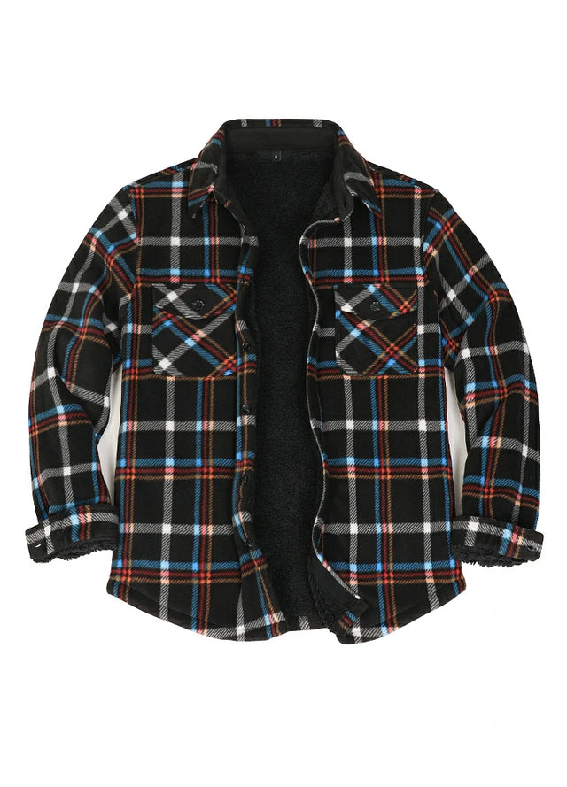 Front view of a black and red men's durable plaid shacket