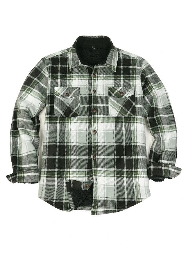 Front view of button closed green gray men's sherpa lined plaid shirt jacket