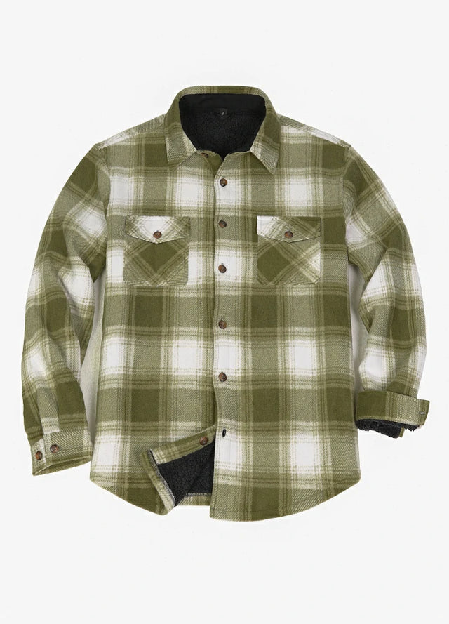 Front view of button closed light green white men's sherpa lined plaid shirt jacket