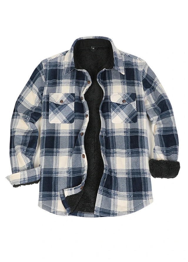 Front view of ocean blue white men's plaid sherpa lined shirt jacket
