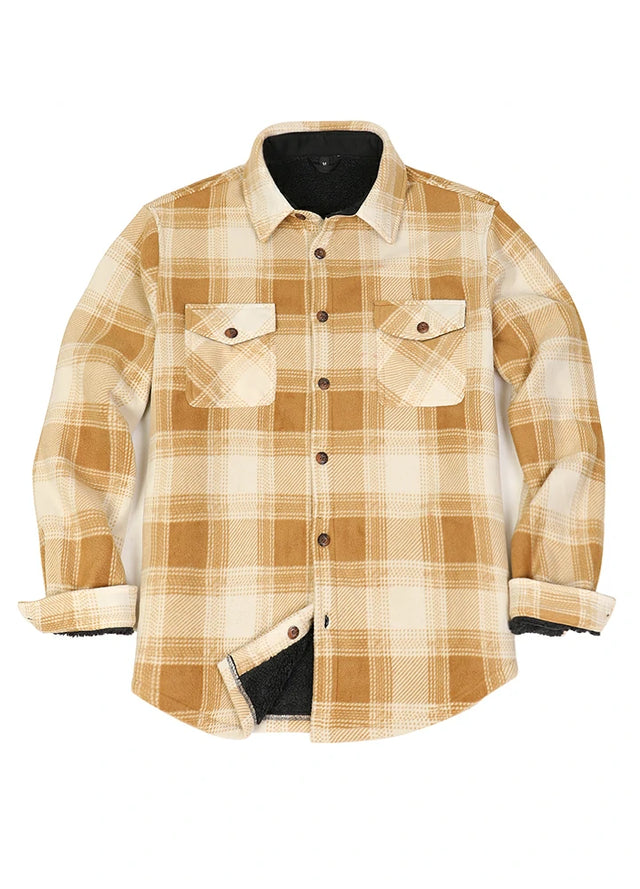 Front view of button closed yellow khaki men's sherpa lined plaid shirt jacket