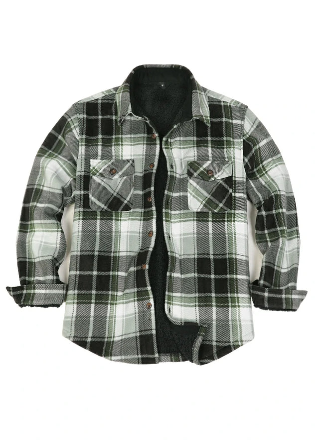 Front view of green gray men's sherpa lined shacket