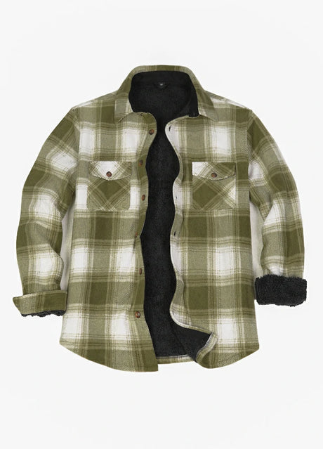 Front view of light green white men's sherpa lined shacket