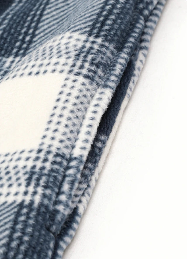 Close-up of the seam pocket of ocean blue white men's sherpa lined plaid shirt jacket with button closure