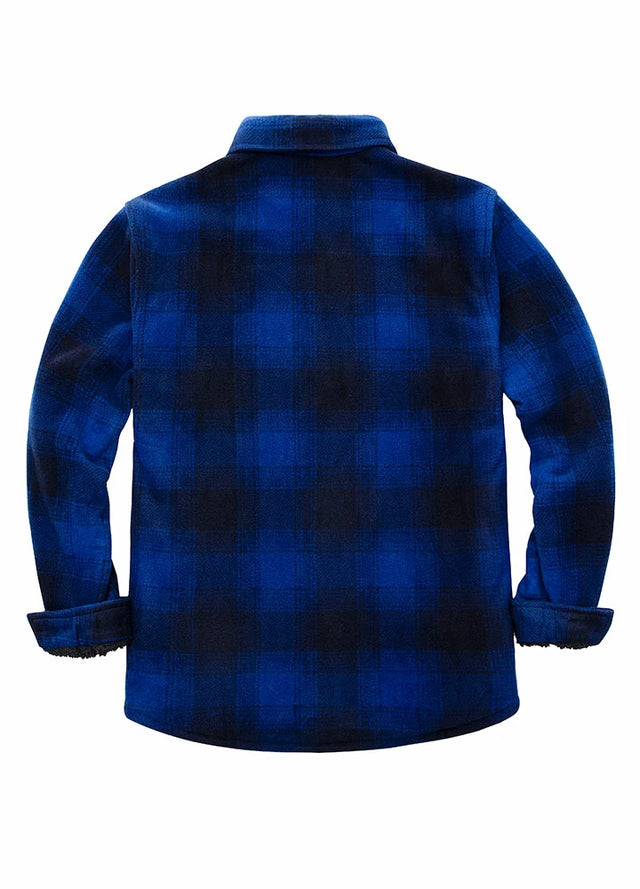 Back view of navy black men's button down plaid shirt jacket