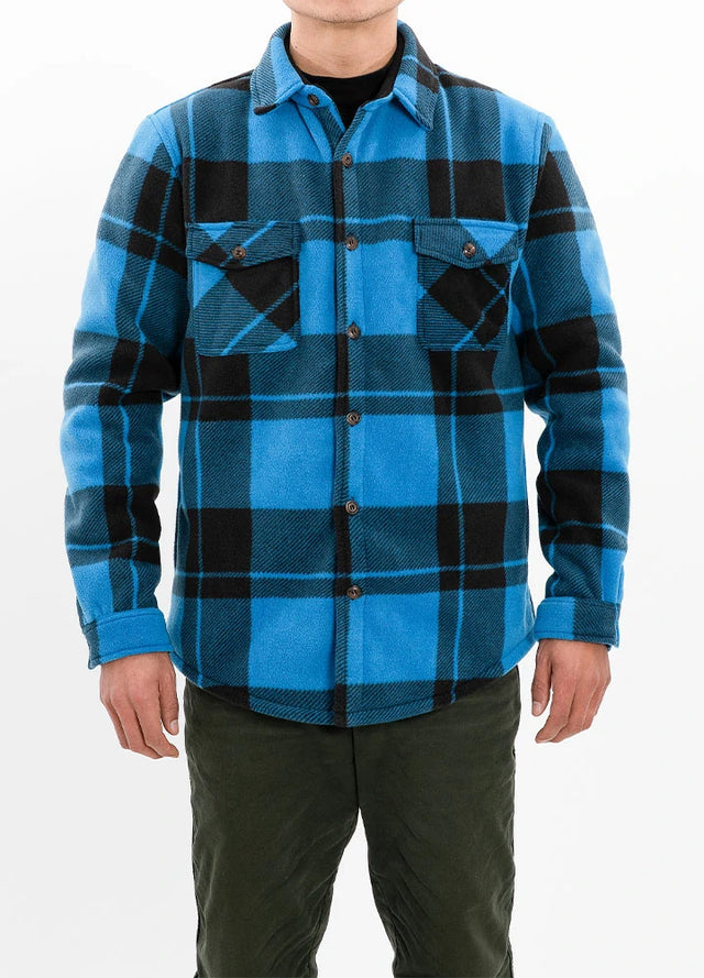 A man in a blue black sherpa lined plaid jacket for men