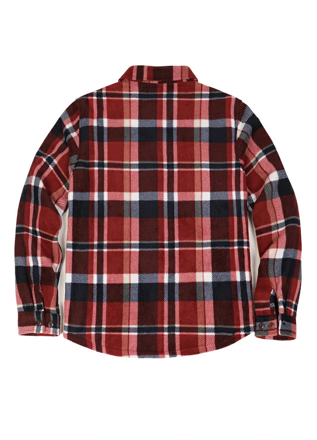 Back view of red and white men's button down plaid shirt jacket
