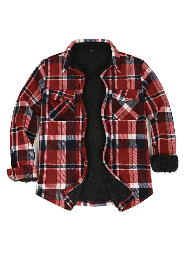 Front view of red and white men's sherpa lined shacket