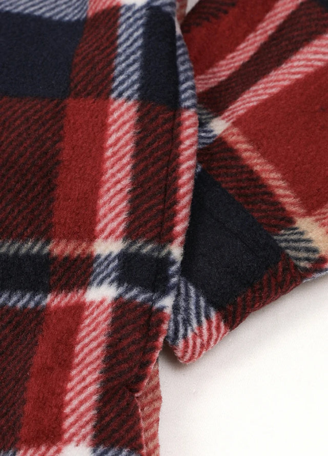 Close-up of the seam pocket of red and white button plaid shirt jacket for men