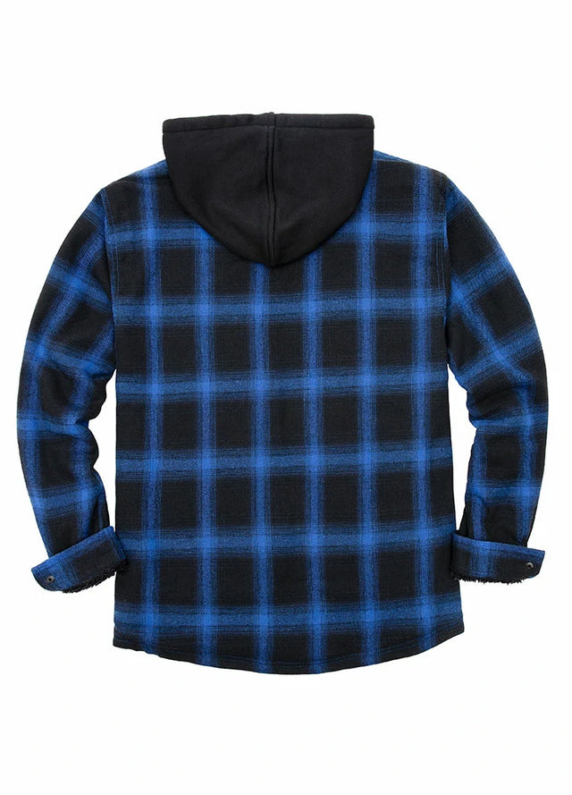 Back view of blue and black mens winter flannel plaid hoodie