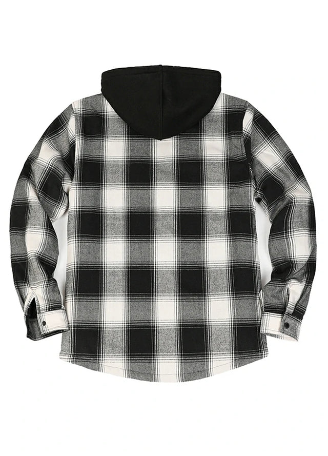 Back view of men's white black cozy sherpa lined hooded jacket