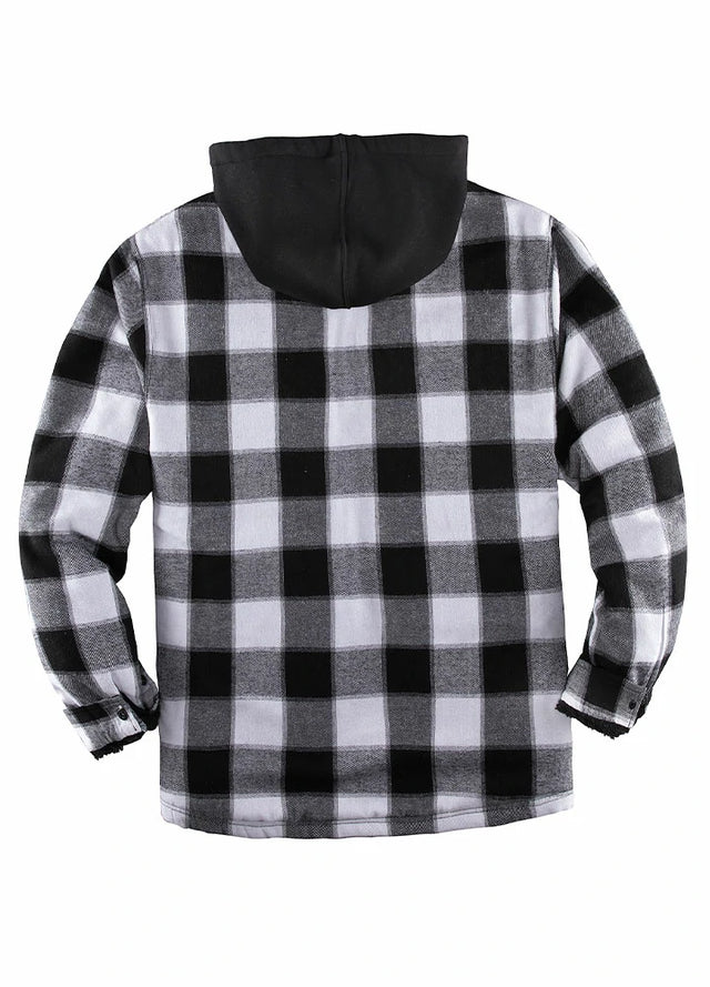 Back view of the black and gray men's winter flannel shacket with a hood