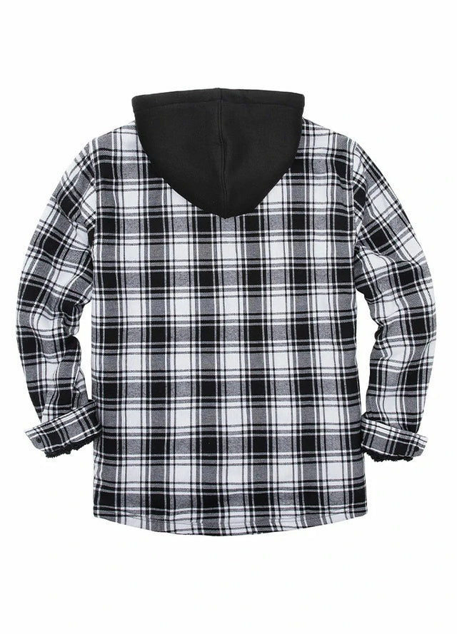 Back view of black and white cold-resistant flannel hooded jacket for men