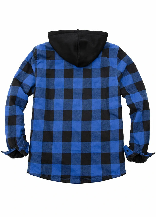 Back view of blue black men's sherpa lined flannel jacket with hood