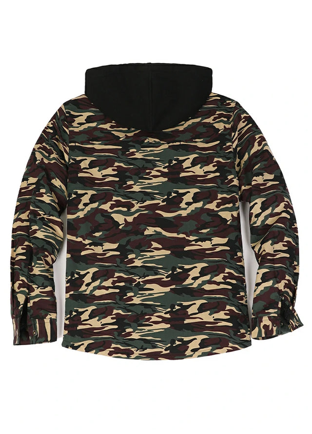 Back view of men's camouflage zipper flannel hooded shacket