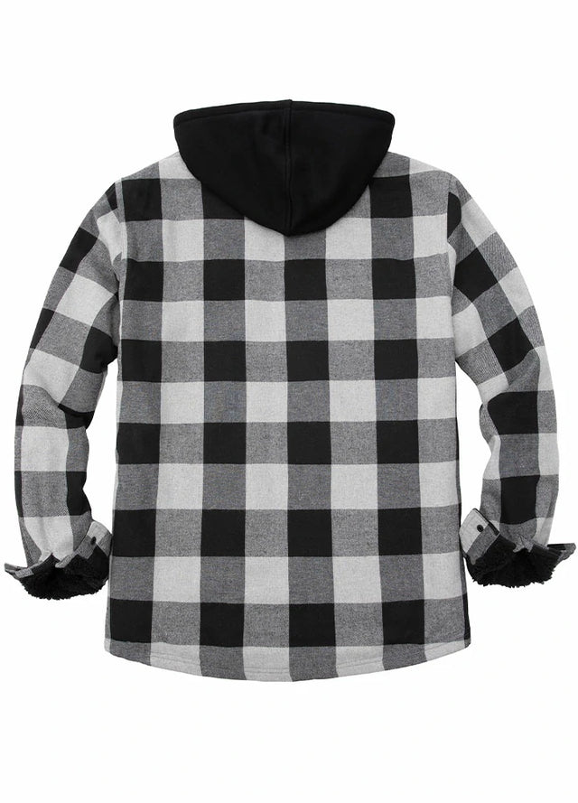 Back view of gray mens sherpa lined flannel hooded jacket